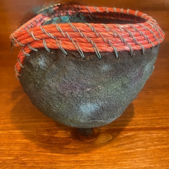 Basket Gourd with Raku finish - Artist made by Martha Cline Turquoise Feathers - Picture 6 of 13